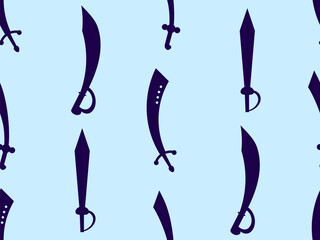 Curved swords seamless pattern. Swords silhouettes. Indian and oriental weapon, scimitar. Design of swords for posters, banners and promotional items. Vector illustration