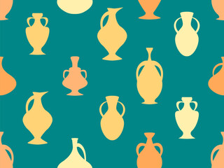 Amphora seamless pattern in vintage style. Ancient Greek jugs and amphoras. Amphora design for posters, wallpapers and printed matter. Vector illustration