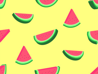 Watermelon seamless pattern in 3d style. Isometric slices of watermelon with seeds on a yellow background. Design for posters, wallpaper, print promotional items. Vector illustration