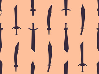Curved swords seamless pattern. Swords silhouettes. Weapons of the Roman Empire, gladius. Design of swords for posters, banners and promotional items. Vector illustration