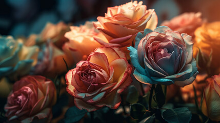 Obraz na płótnie Canvas Close up of colorful roses on dark background,generative ai