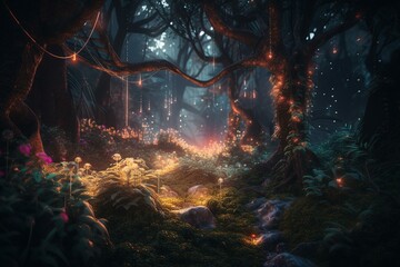 Fototapeta na wymiar Created with Generative AI illustration of lights in fairy forest