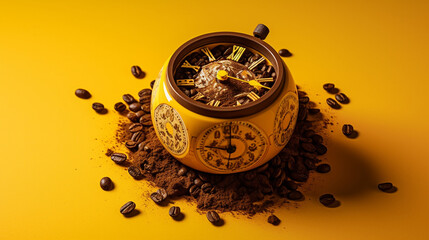 Cup of coffee with coffee beans and clock on orange background.generative ai