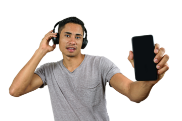 28 year old Brazilian with a surprised face, with one hand on the wireless headphone, showing the smartphone to the camera.