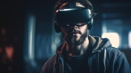 Portrait of a bearded man wearing virtual reality goggles.generative ai