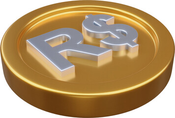 Golden Brazilian Real coin 3d render illustration	