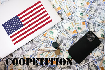 Coopetition concept. USA flag, dollar money with keys, laptop and phone background.
