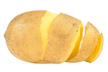 Peeled fresh raw organic potato isolated on a white background. Peeled potato tuber with peel spiral.
