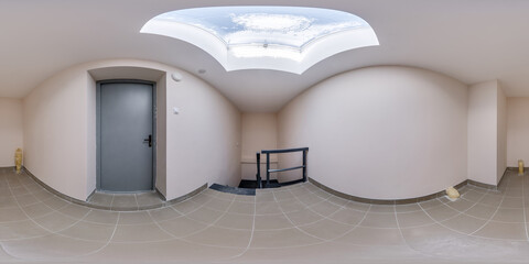 full seamless spherical hdri 360 panorama in interior of small empty white room with door and...
