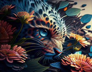 A little Cheetah drinking water surrounded with flowers generative AI