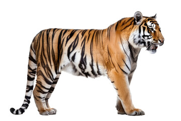 an isolated Bengal tiger walking side view, majestic, stalking prey, fierce jungle-themed photorealistic illustration on a transparent background in PNG. horizontal. Generative AI