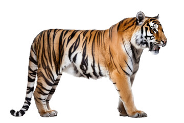 Obraz premium an isolated Bengal tiger walking side view, majestic, stalking prey, fierce jungle-themed photorealistic illustration on a transparent background in PNG. horizontal. Generative AI