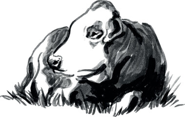 Hand brush sketch of a lying cow. Vector illustration.
