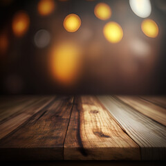 Background of wooden table with blurry lights in the background. Copy space for text. AI generatives.