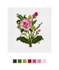 Floral embroidery. Cross stitch rose. Cartoon flat style. Vector illustration