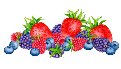 Watercolor composition of berries. Blueberries, blackberries, raspberries, strawberries. Realistic clipart for packaging, postcards, menus, logos, fabric prints and more.