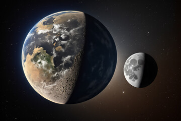 Earth and moon very close, view from space, ai