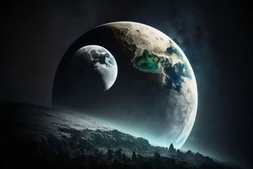 Deken met patroon Volle maan en bomen View from Earth to moon and approaching planet, ai