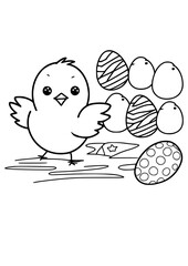 Cute chicks with eggs . Coloring book page for kids and adults.