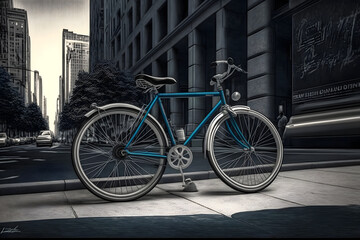 Naklejka na ściany i meble Blue city bike on city streets, Generative AI