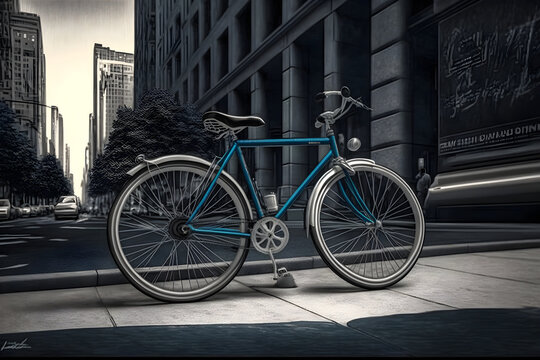 Blue city bike on city streets, Generative AI