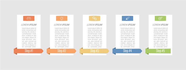 5 stages of development, improvement or training. Infographics with visual action icons for business, finance, project, plan or marketing