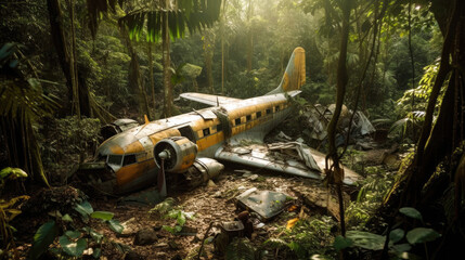 Airplane crash in the rainforest (created with Generative AI) - obrazy, fototapety, plakaty