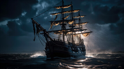 Ship with dark clouds and a choppy ocean, ancient pirate warship diving through the sea (created with Generative AI)