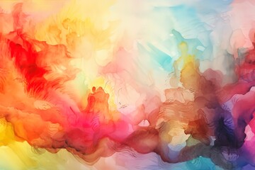 Abstract colorful watercolor background. Spring or Easter sunrise sky. Easter background. Painted watercolor blob texture. Red orange yellow blue purple and pink color , Generative AI