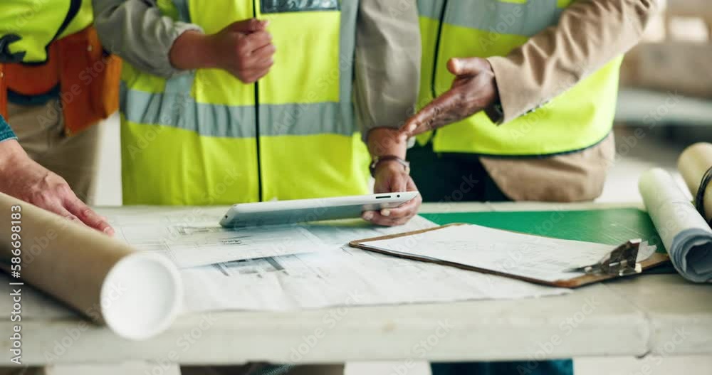 Poster tablet, architecture and construction worker people planning for engineer collaboration, project dev