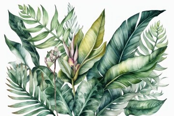 Fototapeta na wymiar Tropical Plants Watercolor Isolated on White Background