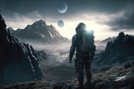 Astronaut in a spacesuit, alien planet, science fiction, exploration, Generative Ai