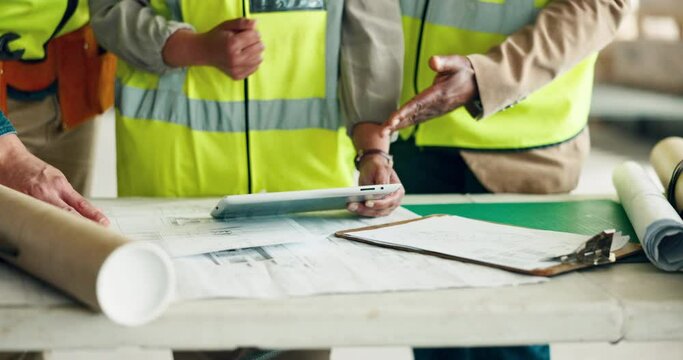 Tablet, architecture and construction worker people planning for engineer collaboration, project development and blueprint review. Contractor hands with digital software app for civil engineering job