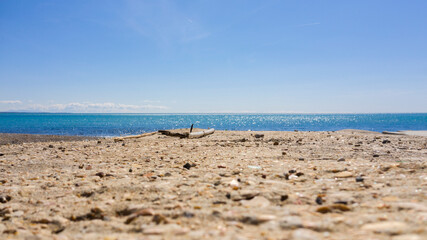Bottom view of the coast and the sea on the horizon.
