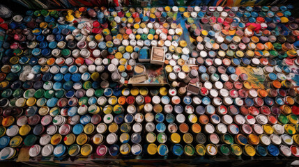 Fototapeta na wymiar Painter's Palette Unleashed: A Top-Down View of Colorful Artist Paint Cans, Generative AI