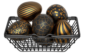 Golden and black Easter eggs in metal wire basket or chocolate eggs