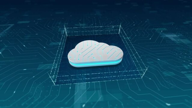 Motion graphic of 3D blue cloud computing logo and particles with circuit board and 3d abstract background concept of big data backup concept and data storage technology on cloud system