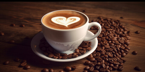 Obraz premium Cup of latte with coffee beans in the shape of a heart on a wooden table. - Generative AI