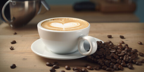 Obraz premium Cup of latte with coffee beans in the shape of a heart on a wooden table. - Generative AI