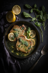 Pork Chops with butter and sage in a pan. Illustrator AI Generative