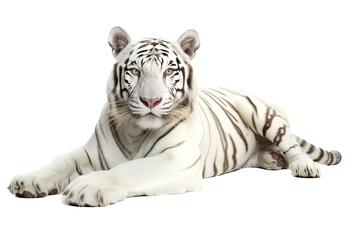 Fototapeta premium an isolated white tiger laying down, front-view portrait, jungle-themed photorealistic illustration on a transparent background cutout in PNG, Generative ai