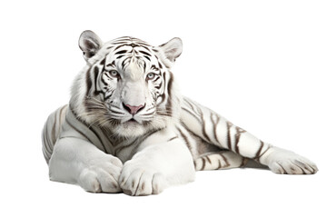an isolated white tiger laying down, front-view portrait, jungle-themed photorealistic illustration on a transparent background cutout in PNG, Generative ai