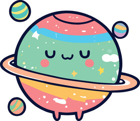 cute saturn planet smiling with others planets