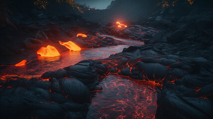 Volcanic eruption with lava flow.generative ai