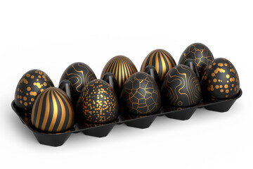 Golden and black Easter eggs in basket or tray and chocolate eggs