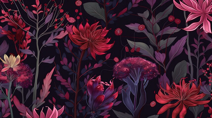 seamless floral pattern, wild red purple flowers, botanical illustration. Generative Ai