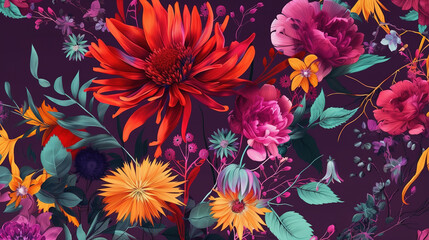 Fototapeta na wymiar seamless floral pattern, wild red purple flowers, botanical illustration. Generative Ai