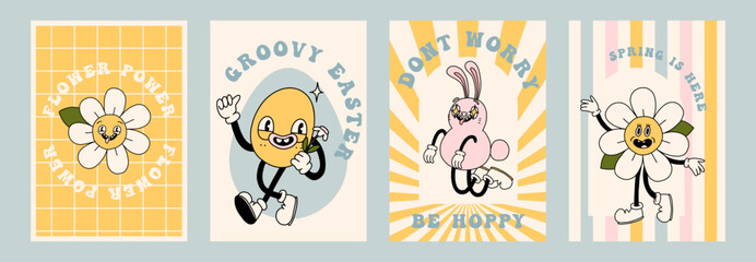 Groovy Easter poster print set. Spring bright character mascot cards in retro cartoon style. Cute easter egg, bunny, chick, daisy flower. Happy Easter postcard. Hand drawn isolated vector illustration