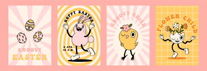 Groovy Easter poster print set. Spring bright character mascot cards in retro cartoon style. Cute easter egg, bunny, chick, daisy flower. Happy Easter postcard. Hand drawn isolated vector illustration