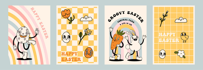 Groovy Easter poster print set. Spring bright character mascot cards in retro cartoon style. Cute easter egg, bunny, carot, daisy flower. Happy Easter postcard. Hand drawn isolated vector illustration